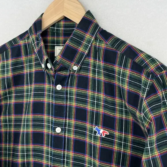 MAISON KITSUNE Shirt Mens 40 L Tartan Plaid Flannel Tricolor Fox Cotton Green - Picture 6 of 14